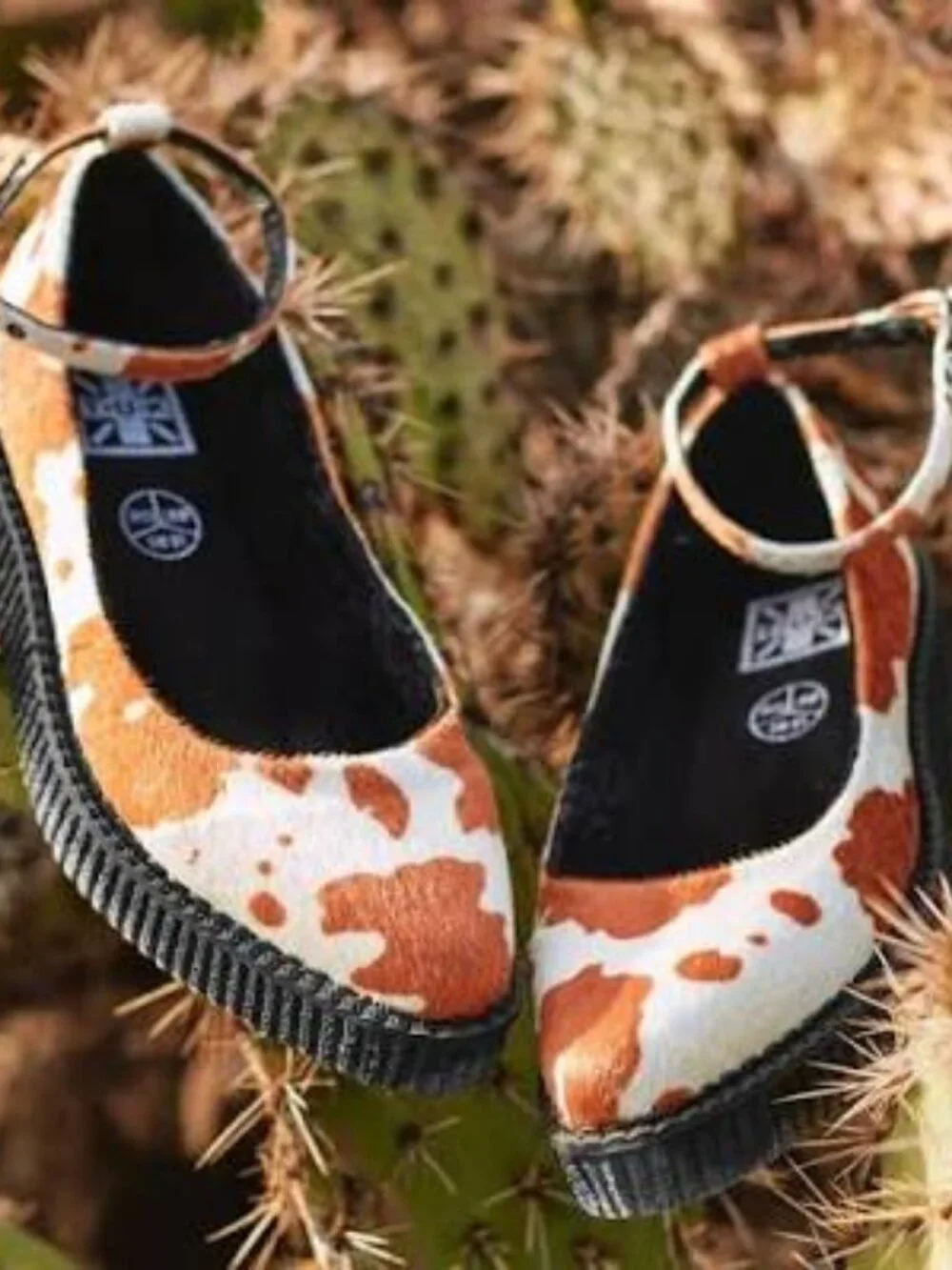 T.U.K. Brown Cow Print Pointed Ankle Strap Ballet Creeper ** Size 7